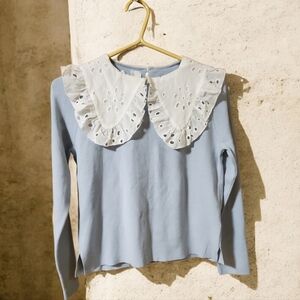 Zara Pretty Blue With White Eyelet Peter Pan Collar